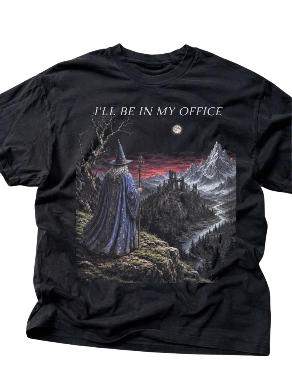 Black Graphic Wizard Tee - 'I'll Be In My Office'